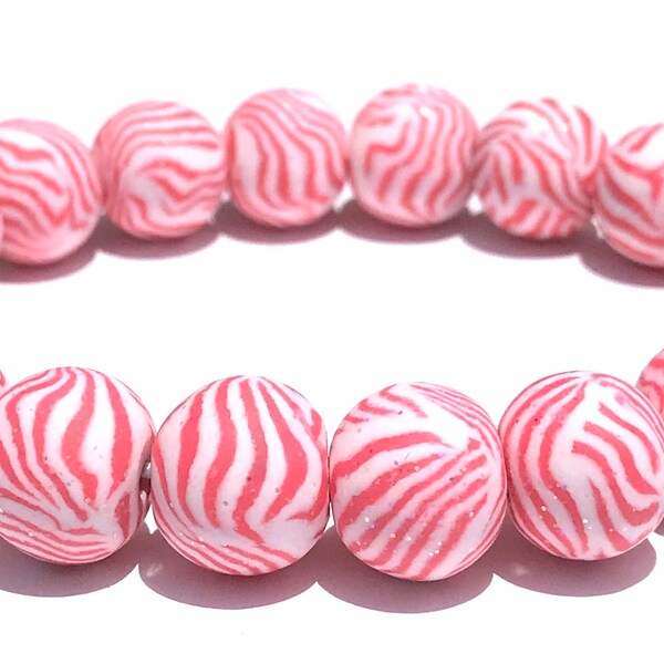 Polymer Clay Bead Bracelet, Pink and White, Stripes, Glitter Beads, Stretch Bracelet, Millefiori, Gift, Chunky Beads, 12 mm Beads