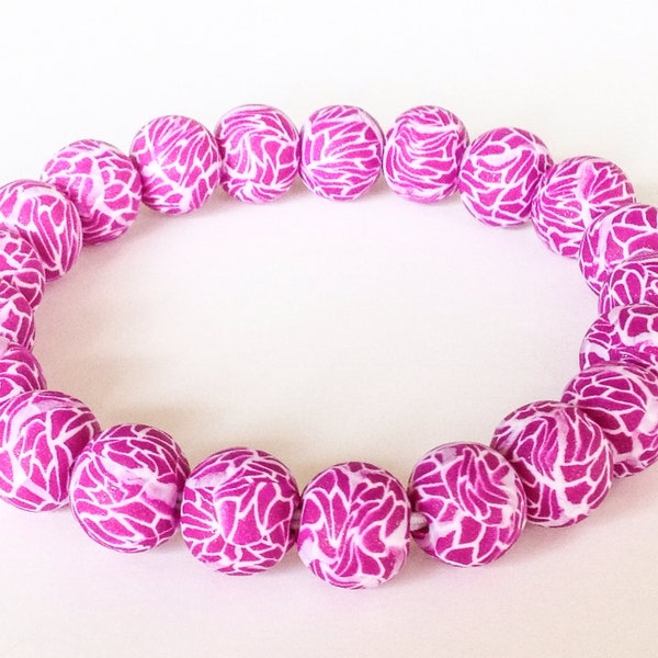 Pearl Fuchsia Polymer Clay Beads Bracelet, Crackle Beads, Fuchsia,  Pink and White, Stretch, Millefiori