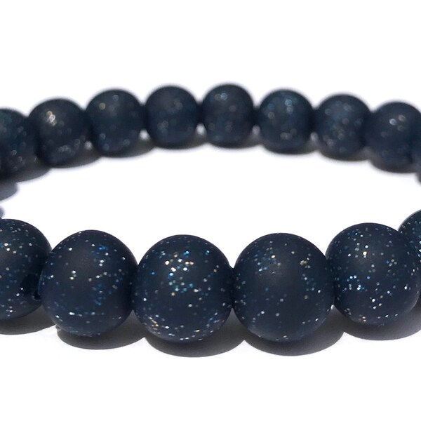 Polymer Clay Bead Bracelet, Glitter Beads, Navy, Galaxy, Stretch Bracelet, Yoga, Stacking Bracelet