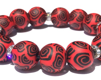 Red & Black Swirl Polymer Clay Bead Bracelet, Stretch Bracelet, Millefiori, Swarovski Crystals