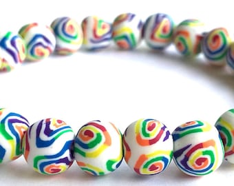 Regenbogen Swirl Polymer Clay Perlen Armband, LGBT, Multicolor, Buntes Armband, Millefiori, Kinder, Pride Schmuck, Armband