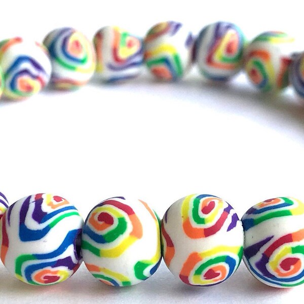 Rainbow Swirl Polymer Clay Bead Bracelet, LGBT, Multicolor, Colorful Bracelet, Millefiori, Kids, Pride Jewelry, Wristband