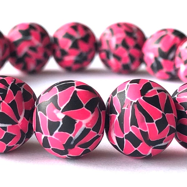 Hot Pink and Black Polymer Clay Beads Bracelet, Mosaic, Pink, Stretch, Millefiori, Chunky Bead Jewelry, Boho, Yoga, Womens Gift, 13mm