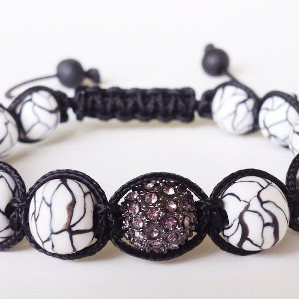 Shamballa Bracelet, Bracelet en perle d’argile polymère noir et blanc, Pistolet Métal Plaqué Diamant Noir Cristal Pave Perle, Faux Howlite, Cadeau