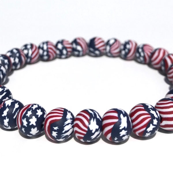 American Flag Polymer Clay Bead Bracelet, Red, White, Blue, July 4, Stars & Stripes, Patriotic Beads,Millefiori, Stretch Bracelet, Americana