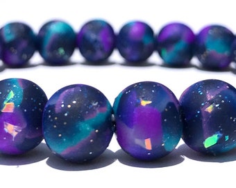 Galaxy Polymer Clay Bead Bracelet, Stretch Bracelet, Glitter Bracelet, Nebula, Yoga, 9mm Beads, Gift, Space, Iridescent, Milky Way