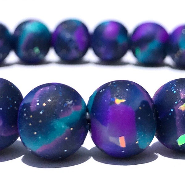 Galaxy Polymer Clay Bead Bracelet, Stretch Bracelet, Glitter Bracelet, Nebula, Yoga, 9mm Beads, Gift, Space, Iridescent, Milky Way