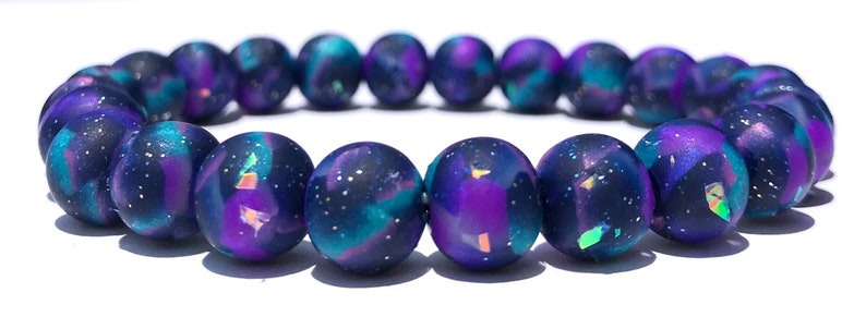 Galaxy Polymer Clay Bead Bracelet, Stretch Bracelet, Glitter Bracelet, Nebula, Yoga, 9mm Beads, Gift, Space, Iridescent, Milky Way image 1