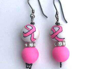 Breast Cancer Awareness Polymer Clay Bead Earrings, Millefiori Beads, Sterling Silver, Swarovski Crystals, Pink Ribbon Jewelry, Drop Earring