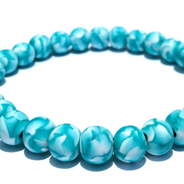 Teal Pearl Polymer Clay Bead Bracelet, Stretch, Millifiori Beads, Ombre, Glitter, Turquoise, Yoga, Boho, 7mm, Womens Gift, Girls Gift, Aqua