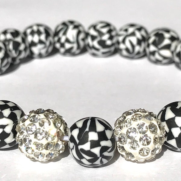 Black and White Polymer Clay Bead Bracelet, Millefiori Beads, Mosaic Beads, Stretch Bracelet, Yoga Bracelet, Classic Bracelet, Birthday Gift