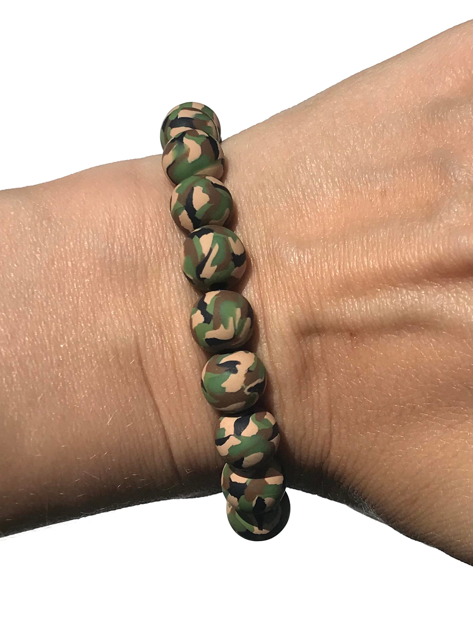 Camouflage Polymer Clay Bead Bracelet, Army, Military, Stretch, Green