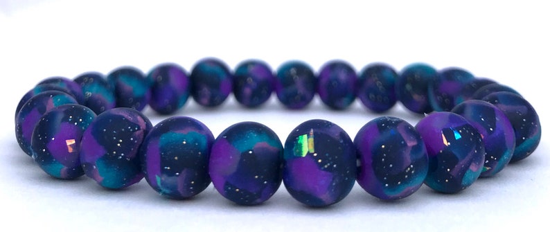 Galaxy Polymer Clay Bead Bracelet, Stretch Bracelet, Glitter Bracelet, Nebula, Yoga, 9mm Beads, Gift, Space, Iridescent, Milky Way image 3