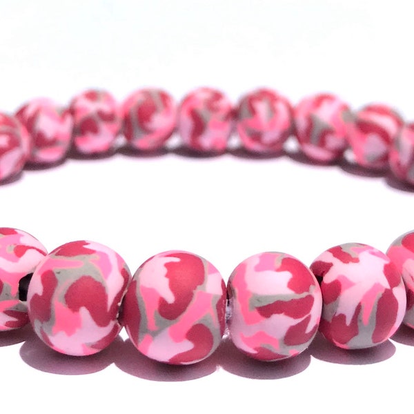 Pink Camouflage Polymer Clay Bracelet, Camo, Pink Beads, Gray, Millefiori, Womens Army Bracelet, Stretch, Stacking Bracelet, Yoga, 9mm