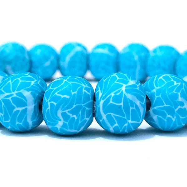 Turquoise, Ocean Blue Polymer Clay Beads Bracelet, Turquoise Beads, Crackle Print, Beach Bracelet, Stretch, Aqua, Light Blue, Millefiori