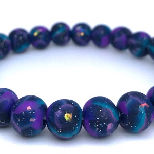 Galaxy Polymer Clay Bead Bracelet, Stretch Bracelet, Glitter Bracelet, Nebula, Yoga, 9mm Beads, Gift, Space, Iridescent, Milky Way image 2
