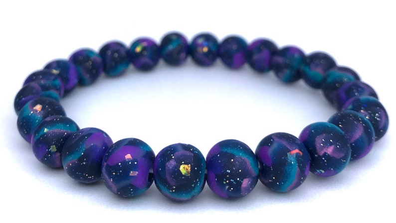Galaxy Polymer Clay Bead Bracelet, Stretch Bracelet, Glitter Bracelet, Nebula, Yoga, 9mm Beads, Gift, Space, Iridescent, Milky Way image 2