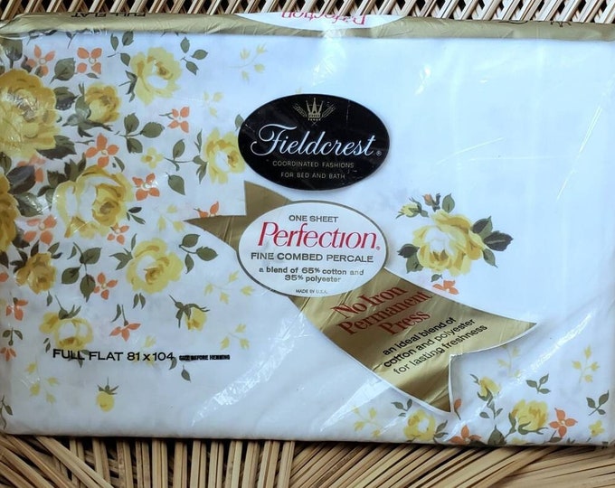 60s Yellow Rose Delight Full Flat Sheet by Fieldcrest, Still in