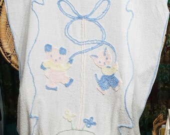 AS IS 50s Chenille Baby Blanket, Spring May Pole Dog & Cat