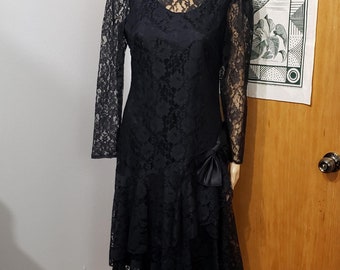 80s Black Lace Dress With Bow, SM
