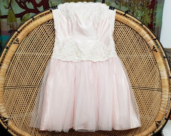 90s Pastel Pink Strapless Chiffon Dress With Sequins, 7/8