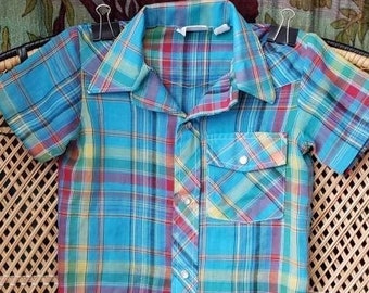 70s Boys Blue Western Rockabilly Shirt By London Loom, 3T