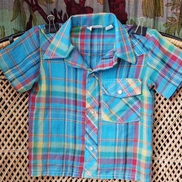 70s Boys Blue Western Rockabilly Shirt By London Loom, 3T