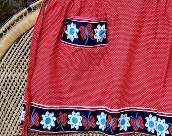 1960s Red Polka Dot Half Apron, Floral Butterfly Trim, Single Pocket