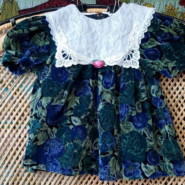 80s Blue & Green Floral Velvet Dress By Sneak Preview 12 Months, Vintage Floral Velvet Dress With Lace Bib, Girls Party Dress, 12M