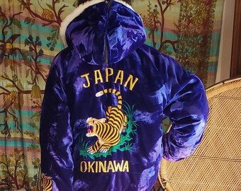 Vintage 80's Okinawa Japan Souvenir Satin Embroidered Dragon Parch