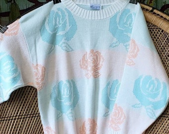 80s Pastel Rose Sweater By Lauren Knitwear Corp, LG