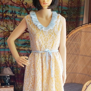 60s Golden Baby Blue Lace Dress, SM/MD