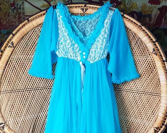 50sLong Blue Nightgown and Robe Size SVintage Belle Smith Sheer Turquoise NightgownPeignoir