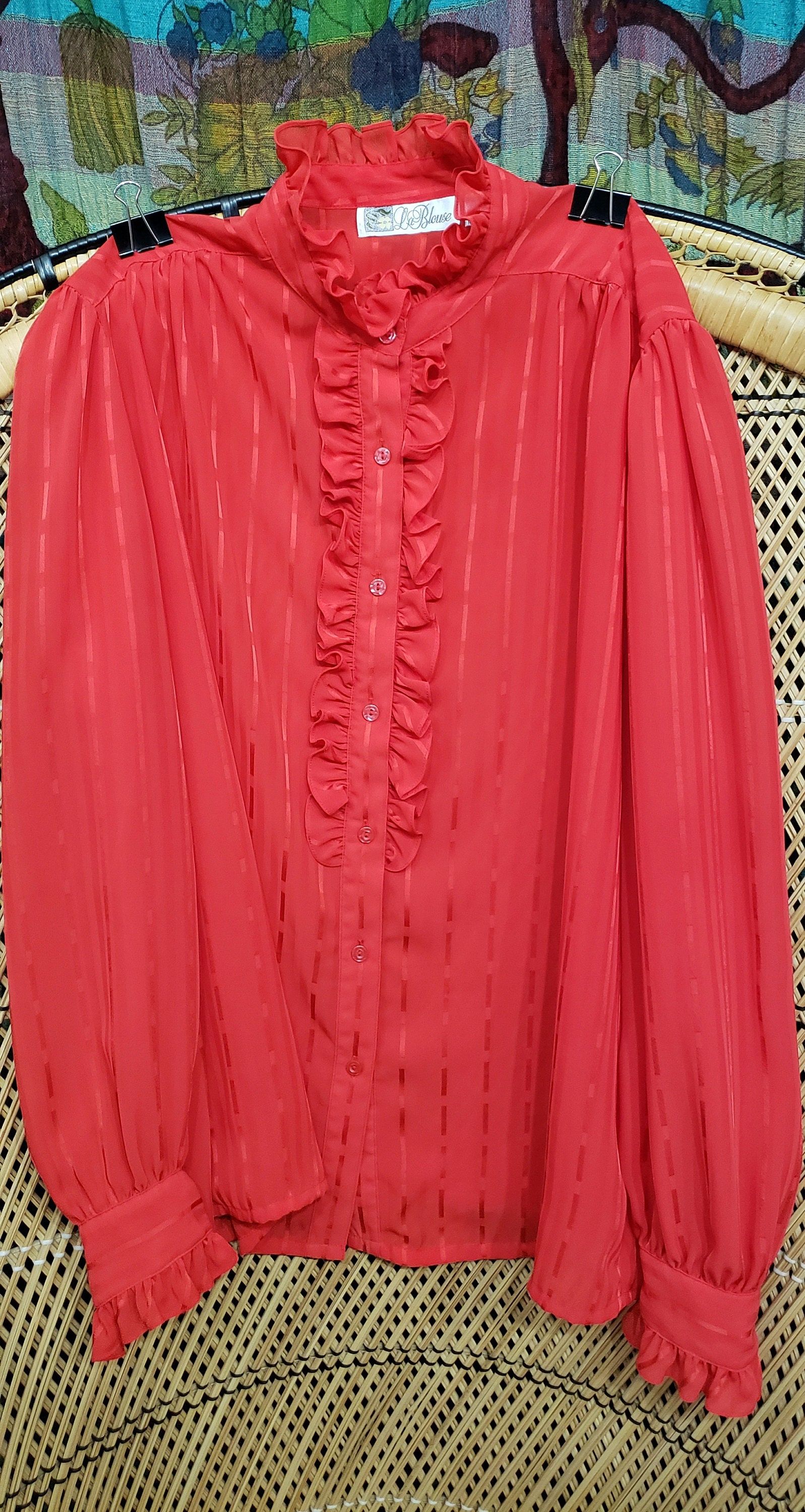 80s Red Sheer Ruffle Blouse by La Blouse, 12 - Etsy