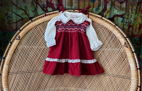 CharmstruckVintage Vintage Maroon Velvet Smocked Jumper Dress \u0026 White Collared Shirt by Lara Jan, 4T