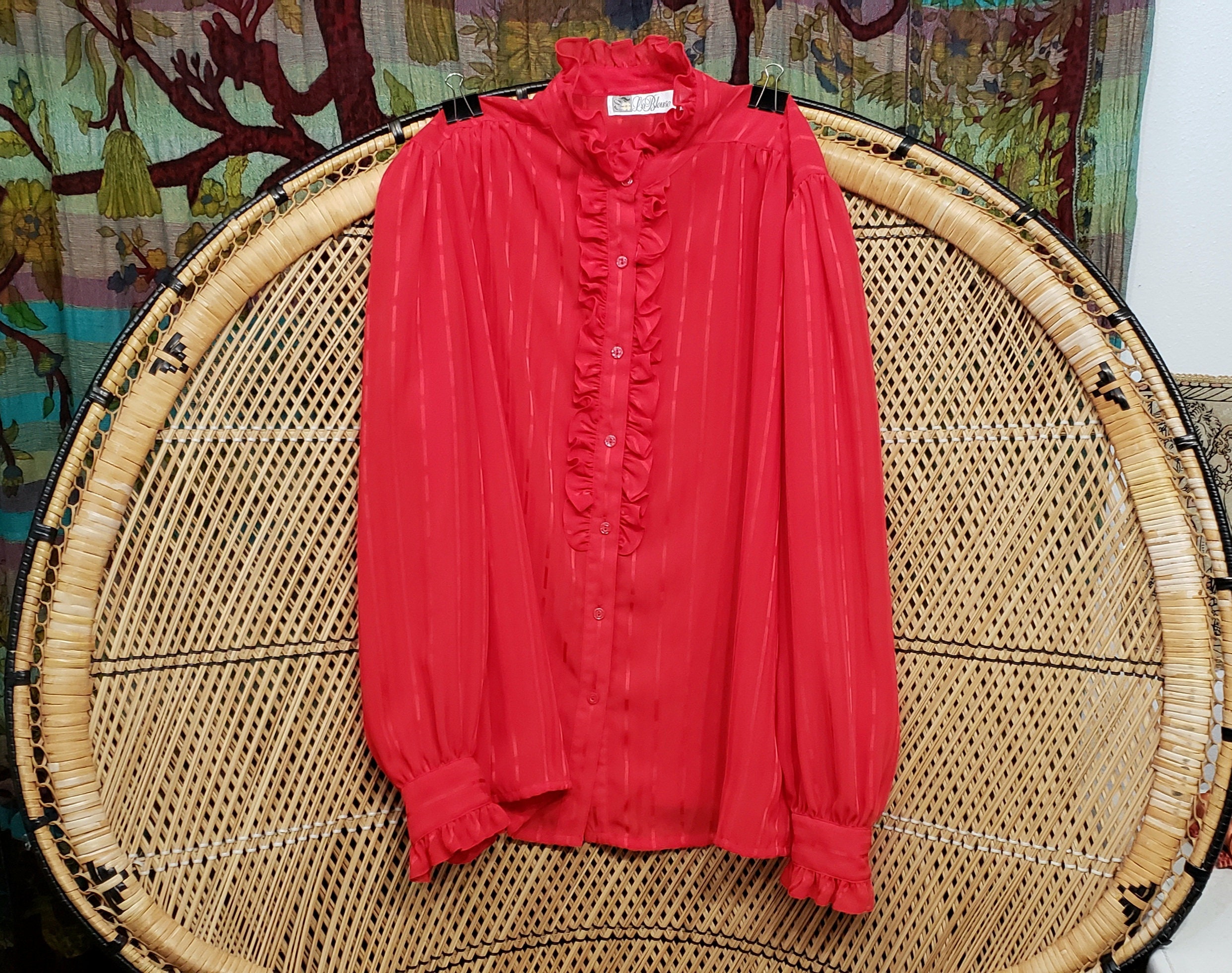 80s Red Sheer Ruffle Blouse by La Blouse, 12 - Etsy