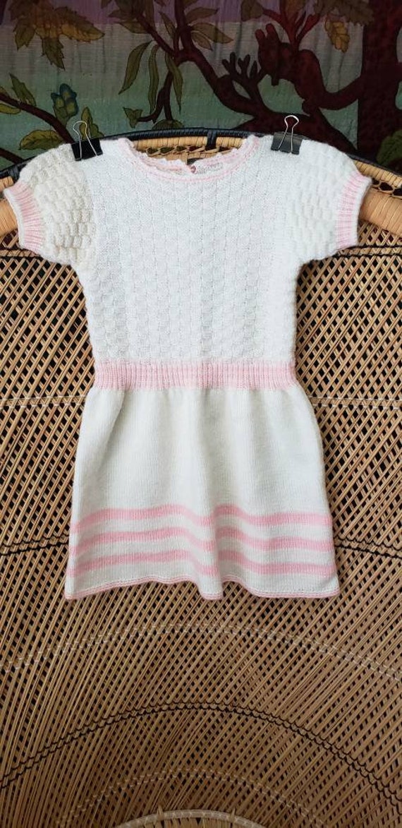 50s Girls Knit Dress 2T, Vintage Cream & Pink Kni… - image 3