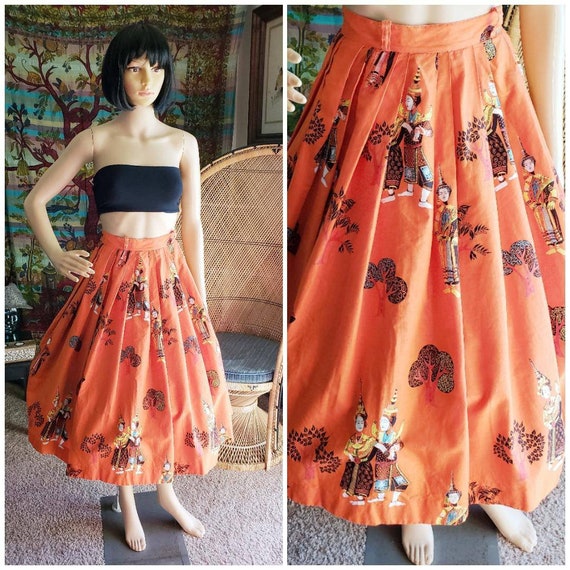 50's Asian Novelty Print Circle Skirt, Thai Dancer