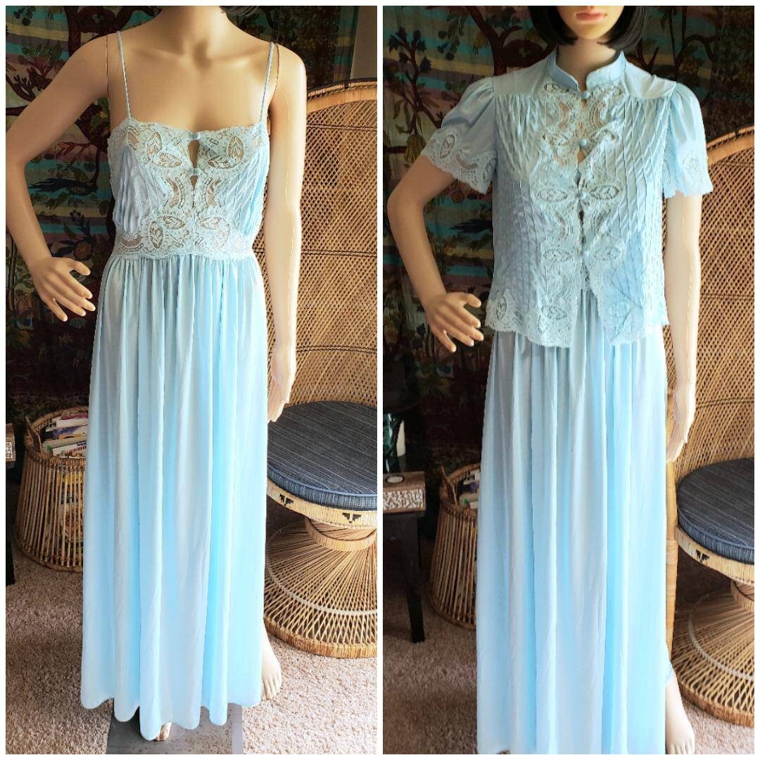 80s Light Blue Sexy Nightgown & Bed Jacket Set 2 piece Bed | Etsy