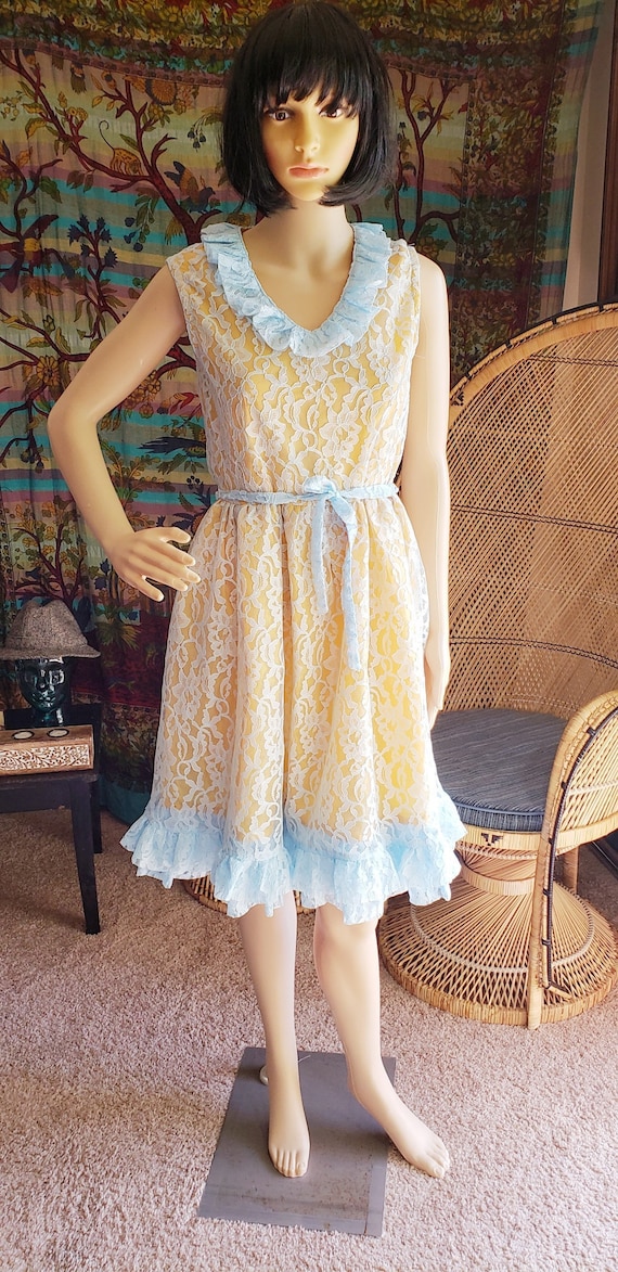 60s Golden Baby Blue Lace Dress, SM/MD