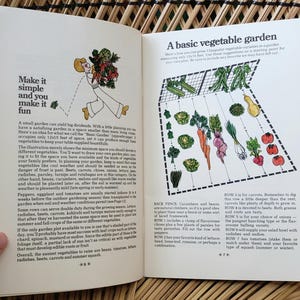 May include: Open book with illustrations and text about a basic vegetable garden. The left page has the text "Make it simple and you make it fun" with a cartoon. The right page shows a diagram of a garden layout with various vegetables.
