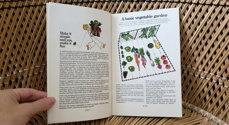 May include: Open book with illustrations and text about a basic vegetable garden. The left page has the text "Make it simple and you make it fun" with a cartoon. The right page shows a diagram of a garden layout with various vegetables.
