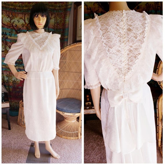 80s Cream Lace Button Down Back Dress, Vintage Cre
