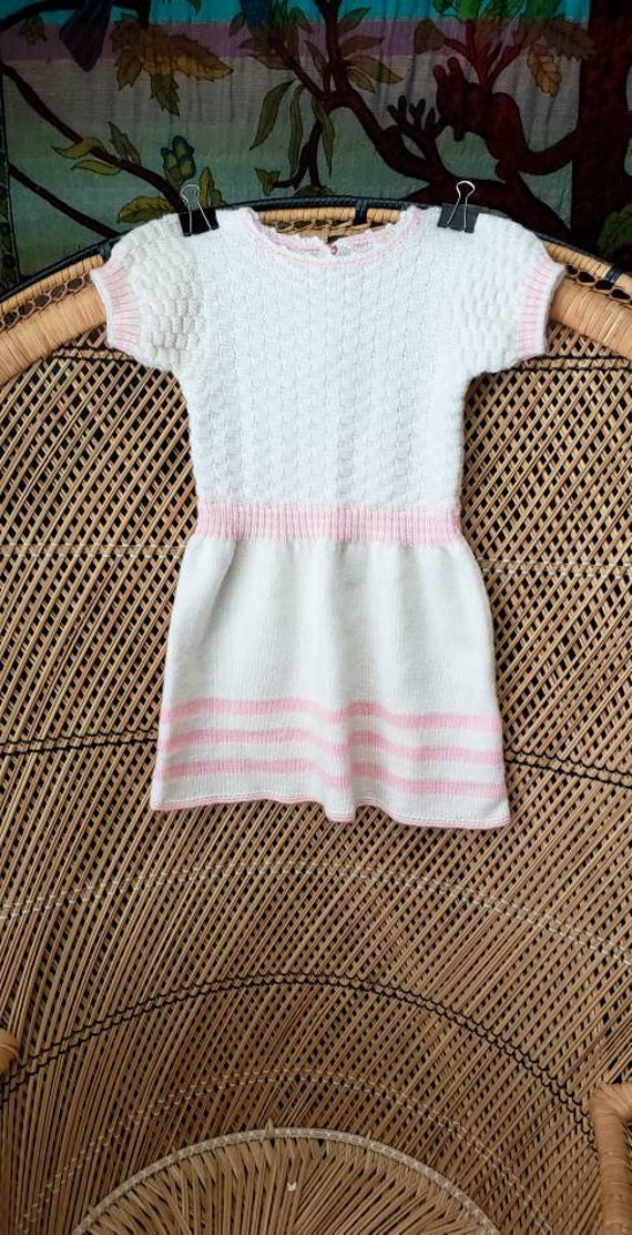 50s Girls Knit Dress 2T, Vintage Cream & Pink Kni… - image 2