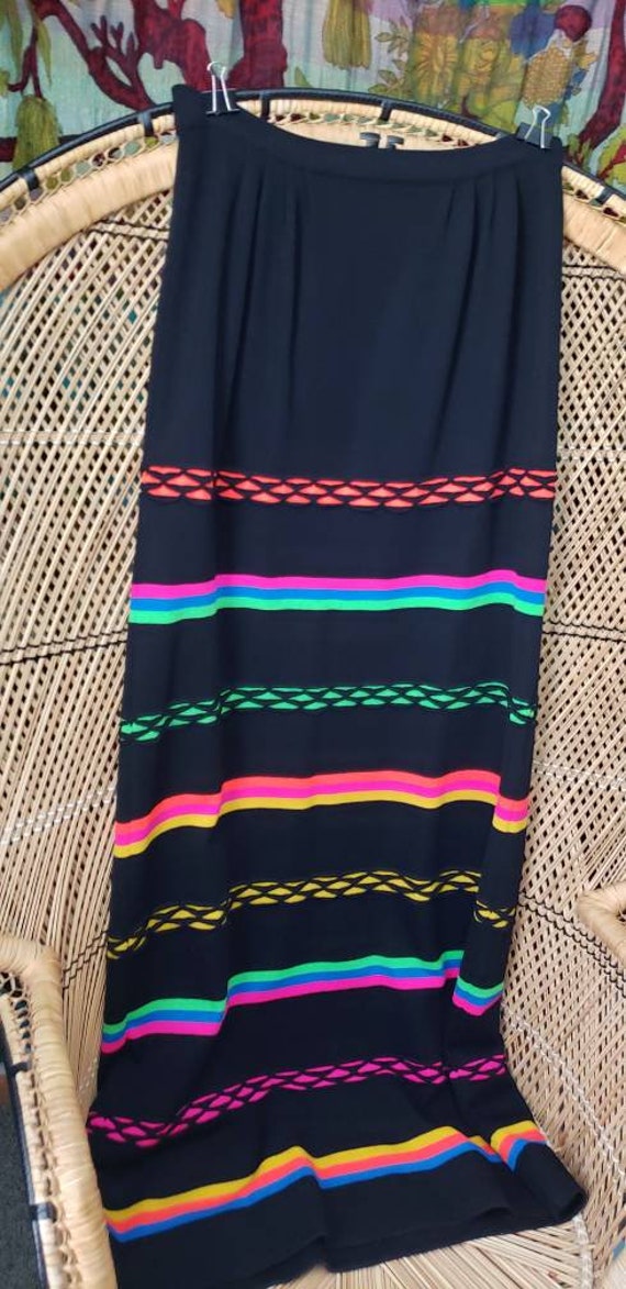 60s Black & Neon Striped Wool Maxi Skirt By Banff… - image 3