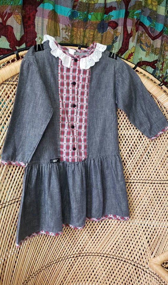 90s Gray Denim Heart Checkered Dress By Gear, Gir… - image 3