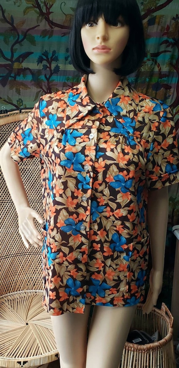 70s Women's Tropical Flowers Shirt By Tara One, Vi