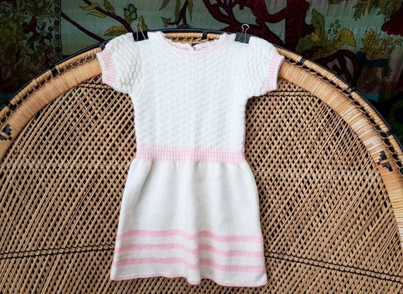 50s Girls Knit Dress 2T, Vintage Cream & Pink Kni… - image 1
