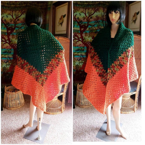 70s Long Crochet Shawl, Vintage Fall Shawl, Fall C