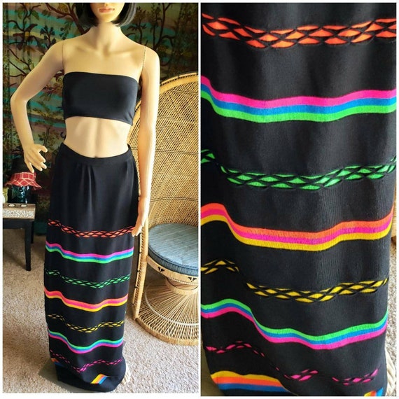 60s Black & Neon Striped Wool Maxi Skirt By Banff… - image 5